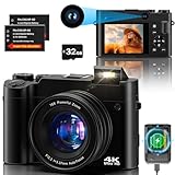 Digitalkamera Fotokamera 4K Dual Kamera 64 MP Anti-Shake Vlogging Fotokamera mit 32GB Speicherkarte, 16X Digitalzoom, 2 Akkus& Ladegerät，und Einsteiger Kompaktkamera für Jug