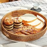 yisily Runde Rattan-Servierfach mit Griffen, dekorativen Tablett, Wicker-Tablett, gewebtes Snack-Aufbewahrungskorb Rattan-Tablett für Home Küchentisch 35 cm