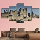 QWASD Bilder 5 Teilig Leinwandbilder Mit Rahmen Carcassonne Festung Frankreich Leinwanddrucke 5 Stück Wandkunst Leinwand Bilder XXL Wohnzimmer Wohnkultur Geschenk
