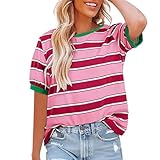 Damen-Top, Ausverkaufsblusen für Damen, elegant, lässig, gestreift, kurzärmelig, trendige Sommerhemden, Frühlingskleidung, elegante Tunika-Bluse, Y2K, 002 x Hot Pink, XL