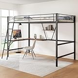 Queta 90x200cm Bettgestell Metallbett, Eisenbett, Hochbett mit L-förmigem Schreibtisch und einem Regal für Kinder, Jugendliche und Erwachsene, schw