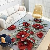 QWFDAQ Teppich Graue rote Blumen 3D stereoskopisch Teppich Wohnzimmer 80 x 160 cm Carpet- Teppich I Wohnzimmer Kinderzimmer Schlafzimmer Flur Läufer I rutschfeste Unterseite