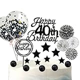 40 Jahre Tortendeko Schwarz, 20 Stück Happy 40th Birthday Kuchen Deko, 40. Geburtstag Torten Deko, Pailletten Luftballon mit Glitzer Cake Topper, Kuchendeko für 40 Geburtstag Männer Frauen Jubiläum