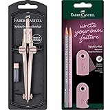Faber-Castell Zirkel Schnellverstellzirkel Stream rose & 218480 - Bleistiftset Sparkle, zwei Bleistifte Mine B, mit Radierer und Spitzer, rose/dapple grey