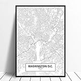 SERTHNY Drucken Malerei Bilder,Washington D.C, Usa Schwarz Weiß Benutzerdefinierte Welt Stadtplan Poster Leinwand Im Nordischen Stil Wall Art Home Decor, 20 × 30 cm (7,87 X 11,81 Zoll) Ohne Rahmen