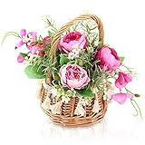 Künstliche Blumen Deko Seidenblumen Künstlich Pfingstrose Künstlich mit Rattankorb und Griff Blumenstrauß Künstlich für Hochzeit,Büro,Tisch,Rose Red