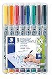 STAEDTLER Folienstift Lumocolor, non-permanent, wasserlöslich, F-Spitze mit Linienbreite ca. 0.6 mm, hohe Qualität, recyceltes Plastik, Set mit 8 Farben in STAEDTLER-Box, 316 WP8