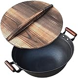 Tonpop Wok-Kochpfanne, Koch-Wok mit Holzdeckel, 40,6 cm, 100 % keine Verwandlung, Gusseisen-Pfanne für Grill mit 2 Holzgriffen, kratzfeste Eisenpfannen