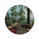 Rutschfeste runde Mauspads aus Gummi Landhausdekoration Blick von der Holzterrasse im Wald mit idyllischer nicht städtischer Natur grün-braun-rot 7.9'x7.9'x3MM