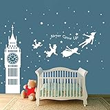 Runtoo Wandtattoo Peter Pan Wandsticker Big Ben Weiß Silhouette Wandaufkleber Kinderzimmer Babyzimmer Mädchen Junge Wanddek