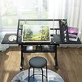 Zeichentisch, Zeichentisch aus gehärtetem Glas, höhenverstellbarer, neigbarer Zeichentisch mit 2 Schubladen und Stuhl zum Lesen und Schreiben