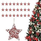 Belle Vous Roter Christbaumschmuck (24Stk) - 14x14cm Deko Metall Sterne Weihnachtsbaumschmuck Anhänger Rot mit Schnur – Weihnachtsdeko Sterne zum Hängen für Baumschmuck, Kamin, Adventskranz Metall