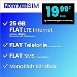 Handyvertrag PremiumSIM LTE All 25 GB - monatlich kündbar (Flat Internet 25 GB LTE mit max. 50 MBit/s mit deaktivierbarer Datenautomatik, Flat Telefonie, Flat SMS und EU-Ausland, 19,99 Euro/Monat)