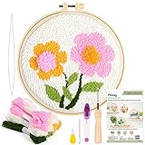 Pllieay Punch Needle Embroidery Starter Kits enthalten Anweisungen, Punch Needle Fabric mit Muster, Garne, Stickrahmen für Rug-Punch & Pinch Needle (Blumen)