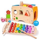 EEKKII Xylophon und Hammerspiel mit Steckwürfel Holz, 3 in 1 Musikspielzeug Nachziehspielzeug für Kinder 1 2 3 Jahre