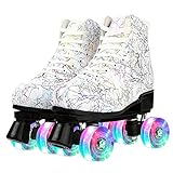 Gelory Unisex Roller Skates Double Raw Four Wheels Classic High-top PU Leather Lighting Roller Skates Shoes for Beginner Womens Mens Boys Girls Indoor and Outdoor (Lightning White Flash Wheel,39)