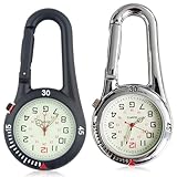 GOMETY Taschenuhr Schwesternuhr mit Karabiner, Clip Karabineruhr mit Leuchtendes, Kalender, Woche, Wecker, Kompass, Digital Uhr Analog Quarzuhr für Krankenschwestern Ärzte (Schwarz+Silber)