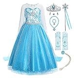 ReliBeauty Mädchen Prinzessin Schneeflocke Süßer Ausschnitt Kleid Kostüme, Blau(mit Zubehör), 116-122(Etikett 140)