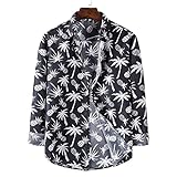 Hawaii Hemd, Herren Langarmhemd Weiß Kokospalme Ananas Bedrucktes Hawaiihemd Schwarz Langarm Knopf Lässig Kubanischer Kragen Stranddruck Herrenhemd,XL