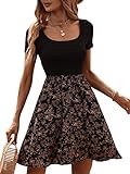 SheIn Damen Kleid 2-in-one Blumen Kleider Skaterkleid Hohe Taille Freizeitkleid mit U-Ausschnitt Schwarz L