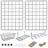 ODOXIA 2er-Pack Wandgitter mit Zubehör | Inklusive Hänge-Körb, Hänge-Regal & Haken-Gestell | Gitter Pinnwand | Deko für Heim, Büro & Küche zum Aufhängen | Fotowand | Metall & Schw