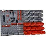 DURHAND Wandregal mit Stapelboxen 44 TLG Werkzeuglochwand Werkzeughalter Werkzeugwand für Werkstatt Sichtlagerkästen Hakenset PP Rot+Grau 63,5x22,5x95,5 cm