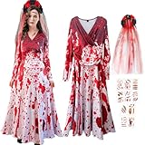 Halloween Kleidung mit Blutigem Aufdruck,Zombie Braut Kostüm Damen Outfit mit Blumenkranz,Kostüm Damen Zombie Horror,Gruselig Blutige Zombie Braut Kostüm,Zombie Kostüm Damen für Hallow