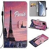 Miagon Flip PU Leder Schutzhülle für iPhone 12 Pro,Bunt Muster Hülle Brieftasche Case Cover Ständer mit Kartenfächer Trageschlaufe,Eiffel Turm