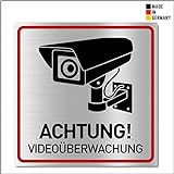 Achtung Videoüberwachung Schild (20x20 cm Alu) - Gebürstets Aluminium - Warnschilder und Hinweisschilder - Videoüberwacht Schilder (Metall) - V2