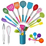TEAMFAR Küchenhelfer Set, 20-teiliges Silikon Kochbesteck kochutensilien Set mit Edelstahlgriff, Hitzebeständiger Antihaft Küchenutensilien mit Utensilienhalter, Gesund & Leicht zu reinigen, B