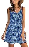 Spec4Y Damen Kleider Kurz Blumen Sommerkleid Swing V Ausschnitt Ärmellos Minikleid A Linie Skatekleid 185 Blau Medium