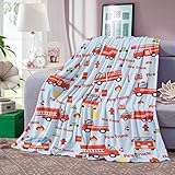 Decke Feuerwehrauto, Rot Feuerwehr Kuscheldecke Kinder, Weich Flanell Plüsch Fleece Wohndecke Feuerwehrfahrzeug Feuerwehrmann für Baby Newborn Jungs Geburtstagsgeschenke Kinderzimmer Krippe, 76x125
