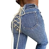 Fainash Damen Slim Jeans Persönlichkeit Colorblocking Kordelzug Trend Sexy Design Streetwear Washed Casual Basic Skinny Denim Hose M