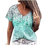 Masrin T-Shirt für Frauen Lässige 3D-Pailletten-Print-Tops Kurzarm-Pullover mit V-Ausschnitt und lockerer Tunika-Bluse(L,Grün)