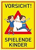 Großes Schild Vorsicht! Spielende Kinder | 30x42cm | wetterfestes PVC-Schild mit UV-Schutz | signalgelb | Achtung Spieplatz | Langsam! Spielende Kinder