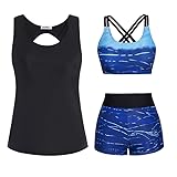 JASAMBAC Badeanzug Damen,3-Teiliger Tankini Damen Bauchweg, Push-Up-Bikinioberteil Und High Waist Badeshorts, Einfache Badebekleidung, Damen-Sport-Bikini BadeanzüGe, Bademode FüR Schwimmbad, S