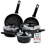 La Moustache - 8-Teiliges Kochgeschirr, Set Antihaftbeschichtetem Aluminium, 3 Töpfe mit 3 Deckeln aus Gehärtetem Glas und 2 Bratpfannen für Alle Herdarten, Sogar Induktion (Onix)