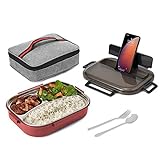 Nineferno Lunchbox- mit Edelstahl Fächern[1200ml] Auslaufsicher & BPA-frei -Für Kinder & Erwachsene. inkl Besteck, Handyhalterung & Tasche,Rot