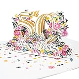 LIMAH® Pop-Up 3D Grußkarte/ Hochwertige PopUp 3D Geburtstagskarte zum 50. Geburtstag /Happy Birthday Motiv/in weiß Gold/Groß mit Glitzer