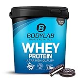 Protein-Pulver Bodylab24 Whey Protein Cookies & Cream 1kg, Protein-Shake für die Fitness, Whey-Pulver kann den Muskelaufbau unterstützen, Hochwertiges Eiweiss-Pulver mit 80% Eiweiß, Aspartamfrei