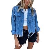 Winkinlin Damen-/Mädchen-Jacke, Oversize-Bluse, langärmelig, Webkante, Mantel mit Tasche, Blauer Cord., 36