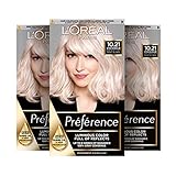 L'Oréal Paris Permanente Haarfarbe, Haarfärbeset mit Coloration und Farbglanz-Pflegebalsam, Préférence, 10.21 Platin Perlmuttblond (Stockholm), 3er Set