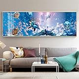 Blaue Poster und Drucke Tiefsee Meeresfische Tiere Leinwand Gemälde Wandkunst Modern für Kinderzimmer Aquarium Dekor Gemälde 50x150cm Rahmenlos