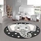Teppich-Traum Kinderzimmer Teppich Baby Spielteppich 3D Optik High Low Effekt Elefant Creme grau schwarz, 80 cm rund