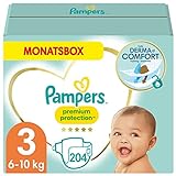 Pampers Baby Windeln Größe 3 (6-10kg) Premium Protection, Midi, 204 Stück, MONATSBOX, bester Komfort und Schutz für empfindliche Haut