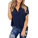 YEBIRAL Damen T-Shirt Lässige Einfarbig V-Ausschnitt Kurzarm Chiffon Lose Arbeit Gemütlich Basic Shirts Bluse Tops(EU-38/CN-M,Marine)