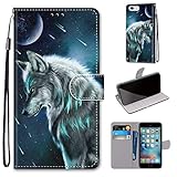 Miagon Flip PU Leder Schutzhülle für iPhone 6S / 6,Bunt Muster Hülle Brieftasche Case Cover Ständer mit Kartenfächer Trageschlaufe,Himmel Wolf