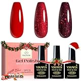 YSUVIN UV Nagellack Rot, 3 Farben Rot Glitzer Gel Nagellack Soak-Off UV Gellack für Frauen Home DIY Nail Art Maniküre Salon, Langlebig, 8ML