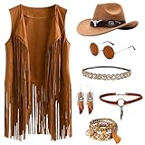 Jokureao 7Stück Hippie Kleidung Damen Set, Cowgirl Western Outfit, Hippie Kostüm Damen Set mit Hippie Ohrringe, Brille, Armband, Halskette, 60er 70er Hippie Bekleidung Faschingskostüme Halloween (L)