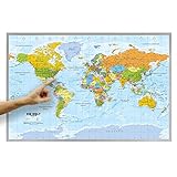 ORBIT Globes & Maps - Weltkarte - Kork Weltkarte auf Pinnwand mit Holzrahmen (silber) 90 x 60 cm, deutsch mit Fähnchen und Pins sowie Befestigungsmaterial